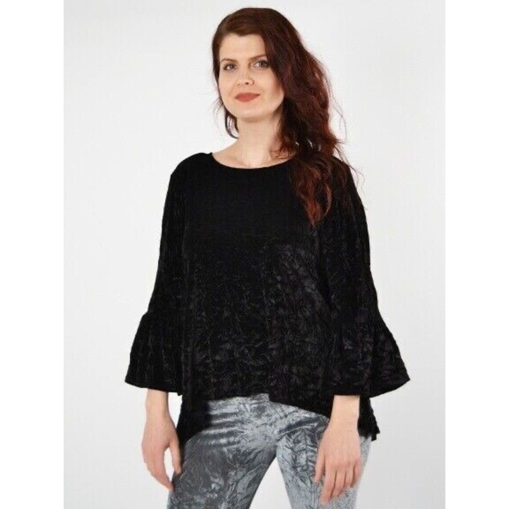 Bryn Walker Fran Solid Black Crushed Velvet Tunic Top Size S Bell Sleeve Fall